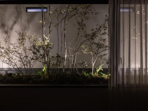a window with trees in the background with lights at Hyatt Place Kyoto in Kyoto