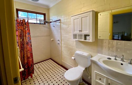 a bathroom with a toilet and a sink and a shower at Battunga Cottages in Watervale