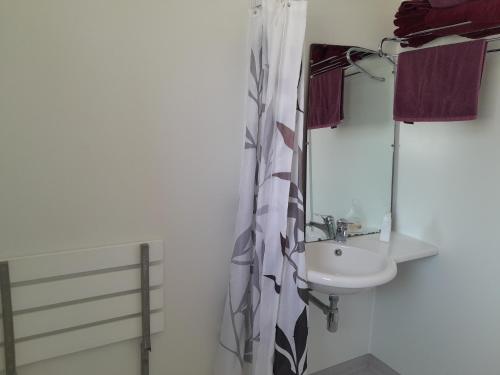 a bathroom with a sink and a mirror at Ironsands Cottage in Patea