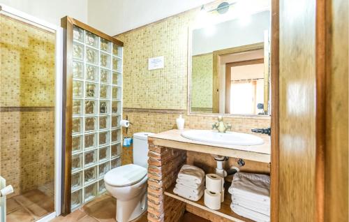 een badkamer met een wastafel, een toilet en een spiegel bij Stunning Home In Caravaca De La Cruz With House A Mountain View in Caravaca de la Cruz