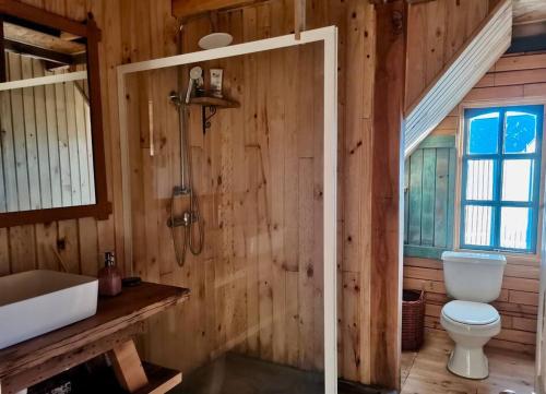une salle de bain avec toilettes, lavabo et fenêtre dans l'établissement Casa Arroyo del Bosque, à Villa Cerro Castillo