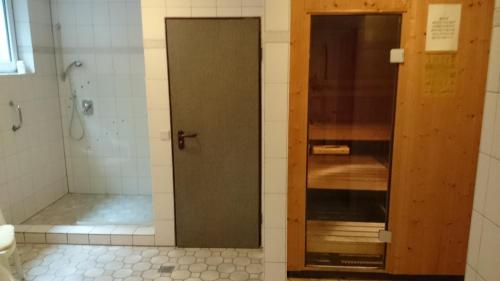 a bathroom with a shower and a glass door at Hotel Alexander in Oldenburg