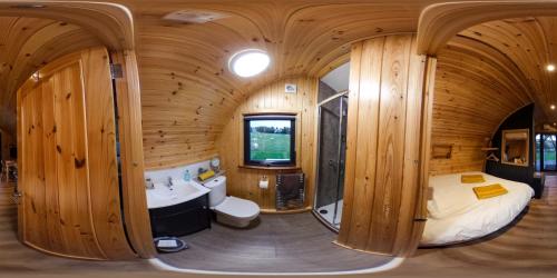 a room with a bed and a sink and a tub at Robins Nest Glamping Pod with Hot Tub in Keith