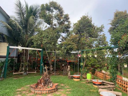 einen Hinterhof mit einem Garten mit einem Zaun und Bäumen in der Unterkunft Gia lai Homestay Phương My in Pleiku