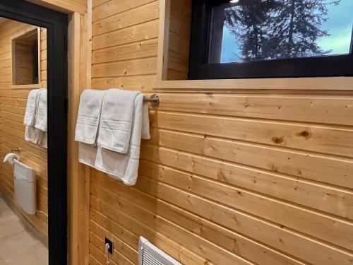 a bathroom in a log cabin with towels hanging on a wall at Boro Green Holiday Village in Borovets