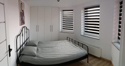 a small bedroom with a bed and two windows at Tortuga Apartments II in Głuchołazy