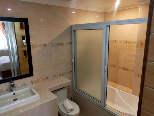 a bathroom with a shower and a toilet and a sink at Nest Resort in Pagudpud