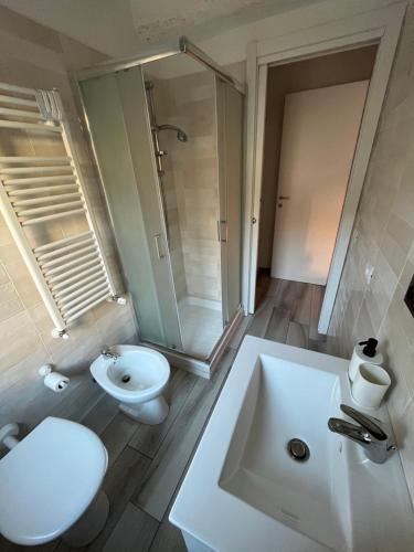 y baño con aseo, lavabo y ducha. en Terrazza Montegrappa, en Reggio Emilia