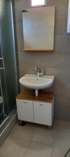 ein Badezimmer mit einem weißen Waschbecken und einem Spiegel in der Unterkunft Apartman Narcis Polje 3 in Divčibare