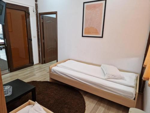 a small room with a bed and a table at Pensiunea Carpe Diem in Râmnicu Vâlcea