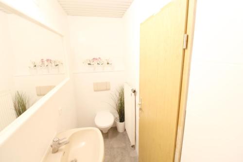 a white bathroom with a toilet and a sink at Downtown Apartments Ulm - im Herzen von Ulm & komfortable Boxspringbetten in Ulm