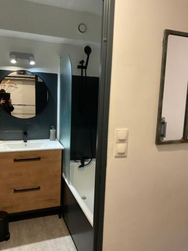 ein Bad mit einem Waschbecken und einem Spiegel in der Unterkunft Apartment Eden Park in Saint-Tropez