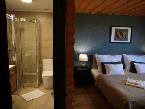 una camera con doccia e letto e un bagno di Székelyföld Fogadó a Borzont