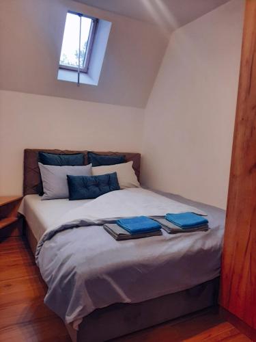 a bedroom with a bed with blue sheets and a window at Pahulja in Divčibare