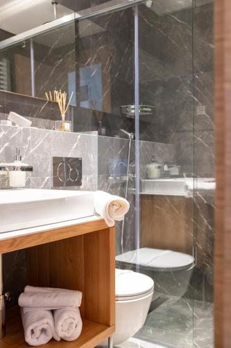 a bathroom with a sink and a toilet and a shower at Prenoćište restoran Bukulja in Arandjelovac