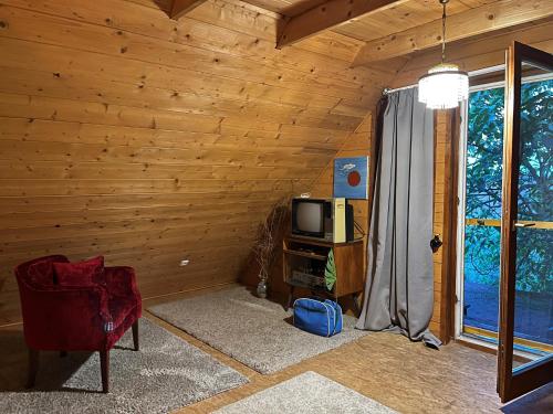 a living room with a tv and a wooden wall at Kisház in Gárdony