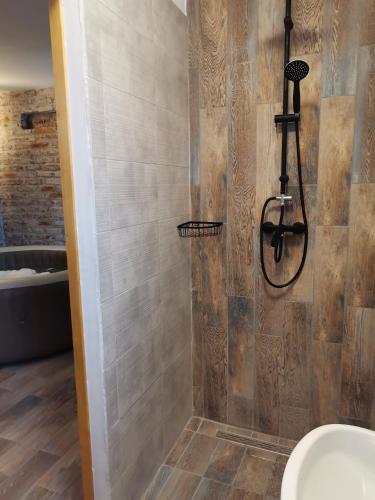 a bathroom with a shower with a stone wall at HIŽA BAKE ROZE in Gornja Konjšćina