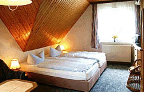 a bedroom with a large bed and a window at Pension Fröhlich in Gager