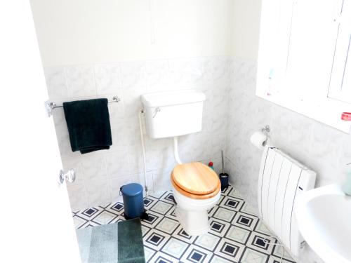 a bathroom with a toilet with a wooden seat at Charming Kintbury Cottage in Kintbury