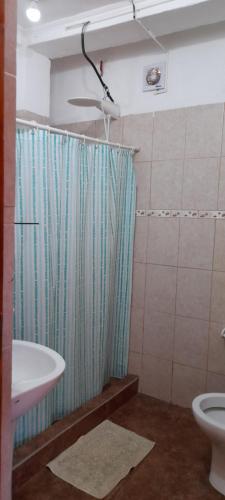a bathroom with a shower curtain and a toilet at Apartamentos Centricos Puerto Iguazu in Puerto Iguazú