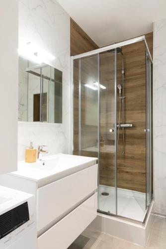 une salle de bain avec un lavabo et une douche dans l'établissement La Terrasse de Charles - Appt au calme avec terrasse, à Nancy