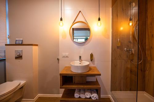 a bathroom with a sink and a mirror at Villa Bałtycka in Gdańsk