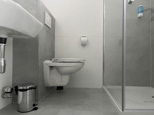 a bathroom with a toilet and a shower at Zentral gelegene Studios in Osnabrück