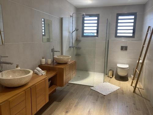 薩萊比梅的住宿－VILLA ELA - Jolie villa avec piscine chauffée et jacuzzi，一间带两个盥洗盆和淋浴的浴室