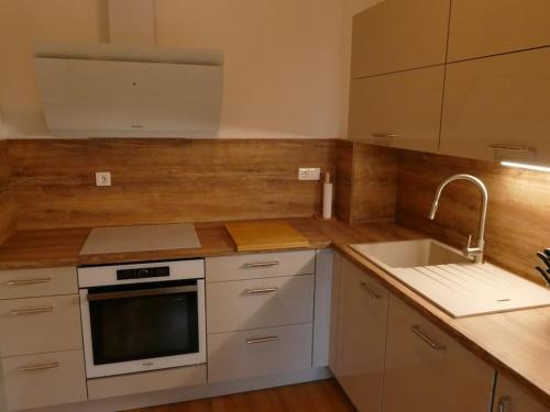 a kitchen with a sink and a stove top oven at Forest Green Pohorje Apartment in Pohorje