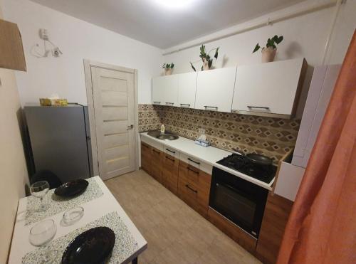 eine Küche mit weißen Schränken und einem schwarzen Kühlschrank in der Unterkunft RANGA Green Studio in Bukarest