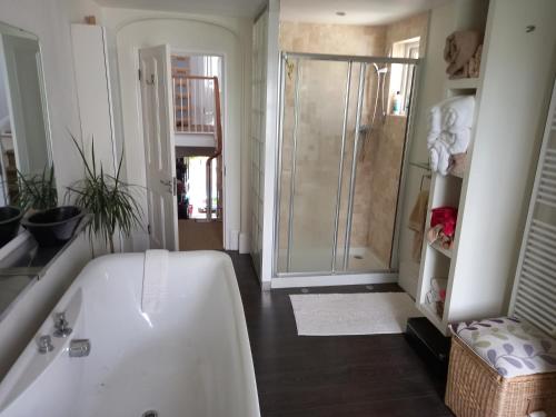 切爾滕納姆的住宿－Palsgrave Lodge，浴室配有白色浴缸和淋浴。