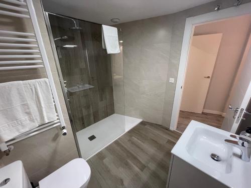a bathroom with a shower and a toilet and a sink at DAU Centro Free Parking in Salamanca