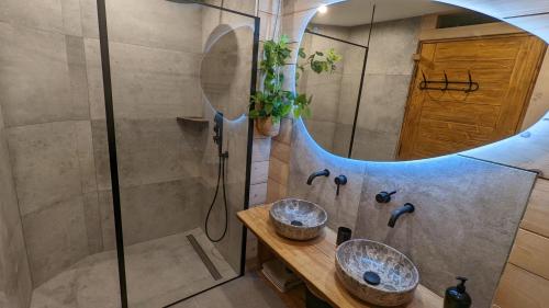 a bathroom with two sinks and a shower at La Boutame : chalet au pied des pistes à Villard Reculas in Villard-Reculas
