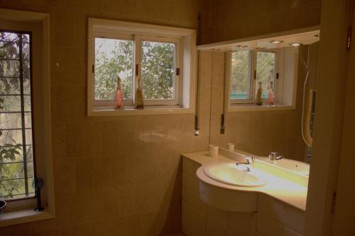 a bathroom with a sink and two windows at Cork Tree Villa in Gondomar