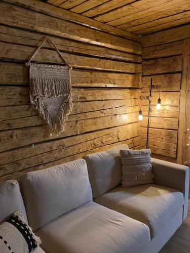 a white couch in a room with a wooden wall at Casa Alexia in Mătişeşti