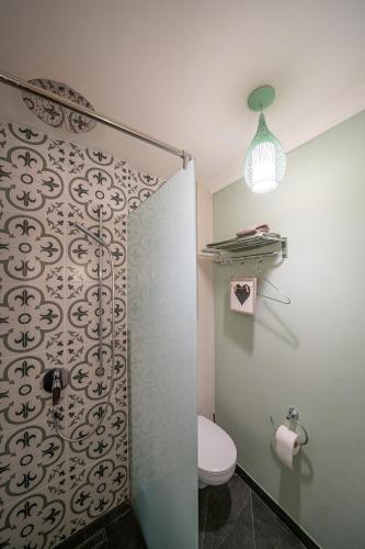 a bathroom with a toilet and a glass shower stall at CASA BELGERI - Bed & Breakfast in Dongio