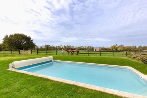 une piscine dans un champ avec un cheval en arrière-plan dans l'établissement Gîte de la Garenne - Cottage chaleureux avec piscine, à Saint-Aubin-du-Thenney