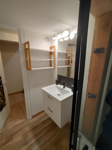 une salle de bain avec un lavabo blanc et un miroir dans l'établissement Chalet de montagne au cœur de Doucy, à Doucy