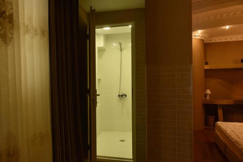 第比利斯Apartment Elizabeth in Old Tbilisi的带玻璃门淋浴间的浴室