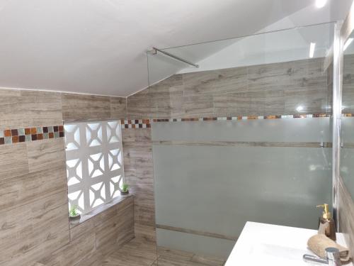 La salle de bains est pourvue d'une douche et d'un lavabo. dans l'établissement Ô Moulin de la canne à sucre, à Mamoudzou