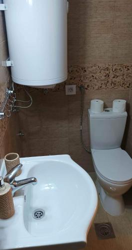 a bathroom with a white sink and a toilet at Etno kuca Ostrvica 2 in Varnice