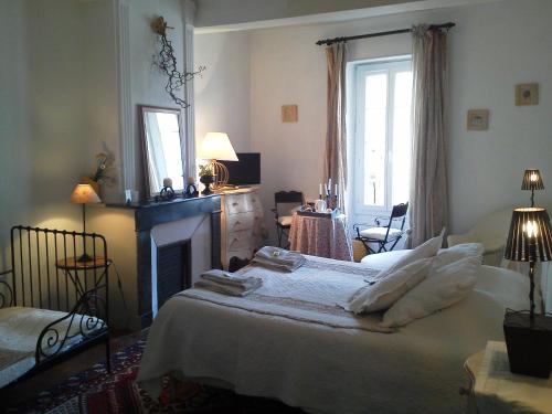 a bedroom with a large bed and a fireplace at L'ORANGERIE Chambres d'hotes de charme in Valros