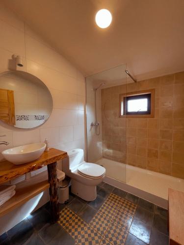 a bathroom with a toilet and a sink and a shower at Refugio Pullao in Quilquico
