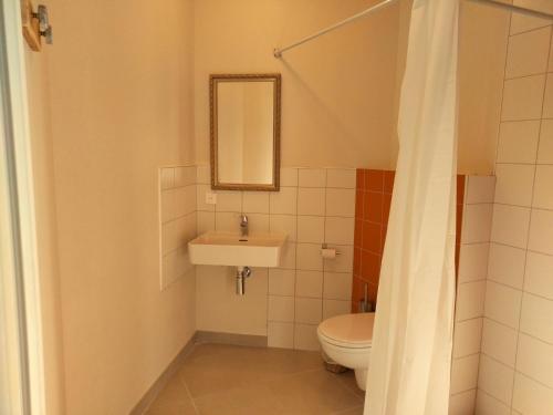 a bathroom with a toilet and a sink and a mirror at A la belle étoile in Mellionnec