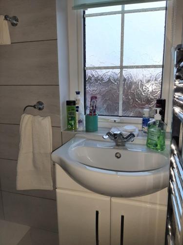 a bathroom with a sink and a window at Maria`s Garden House in Ollerton