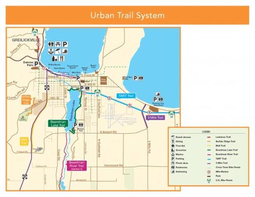 a map of the united states urban trail system at 3 Cottage Exclusive Retreat-Hot Tubs-Walk to Beach in Traverse City