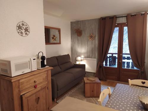 a living room with a couch and a microwave at La Couette in Le Grand-Bornand