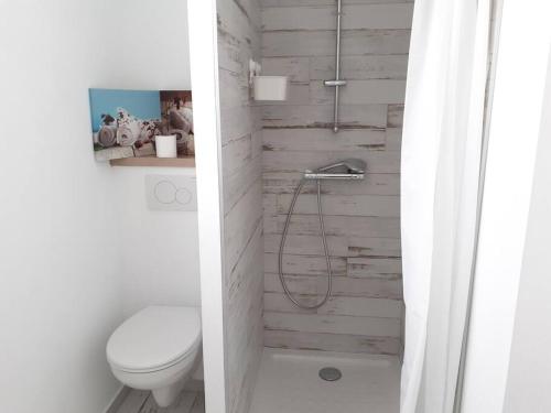uma casa de banho com um WC e um chuveiro em Maison au Moustoir-Arradon à 200 m du Golfe em Arradon