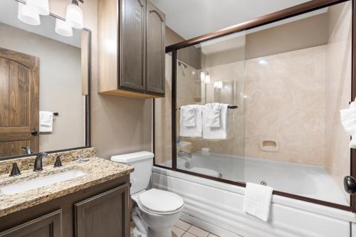 a bathroom with a toilet and a sink and a shower at Table Rock Resorts at Indian Point in Branson