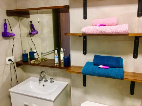 a bathroom with blue and pink towels and a sink at Paseo de Los Poetas "D" 1 in Salta